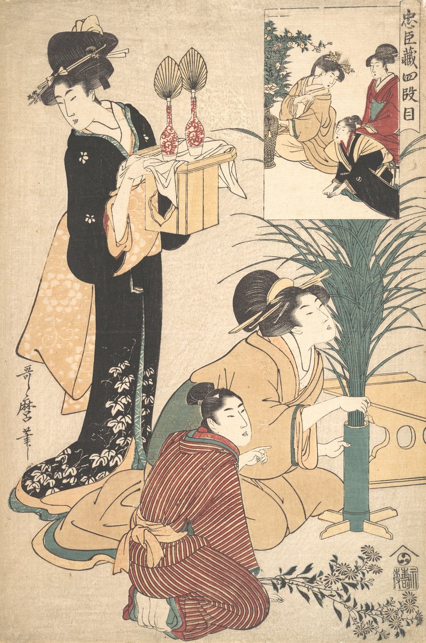 En kvinne og en mann som arrangerer blomster til Tsukimi Moon Festival, 1802. av Kitagawa Utamaro