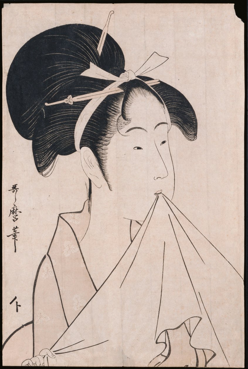 Et bysteportrett av Okita av Naniwaya som holder et håndkle i tennene og strekker kluten av Kitagawa Utamaro