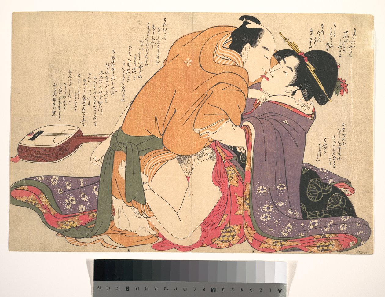 Et par som elsker ved siden av en shamisen, et blad fra Å løse opp begjærets tråder (Negai no ito-guchi) av Kitagawa Utamaro