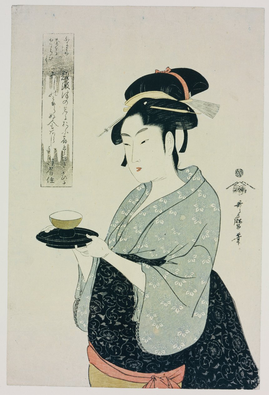 Et halvlengde portrett av Naniwaya Okita, som viser den berømte tehusservitøren som serverer en kopp te av Kitagawa Utamaro