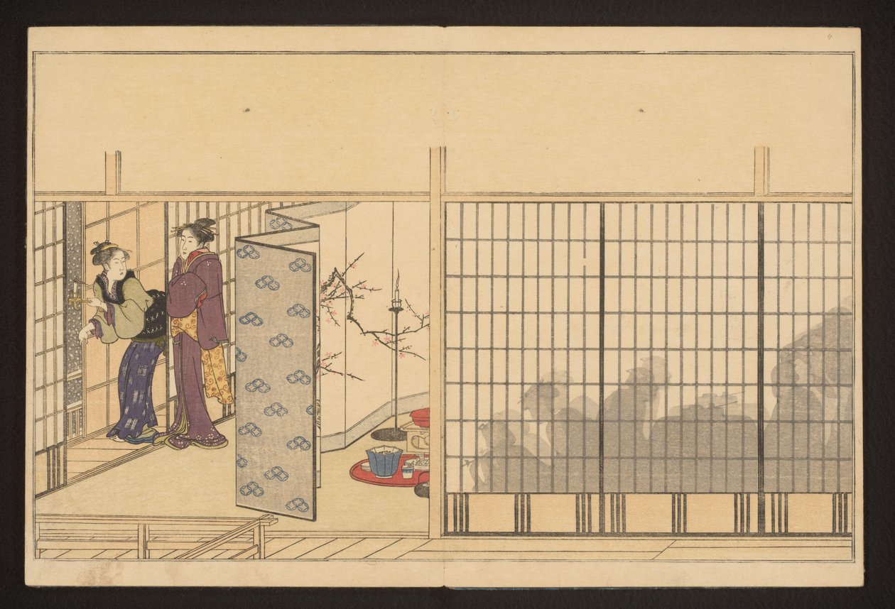 En fest i et hus med to kvinner til venstre av Kitagawa Utamaro