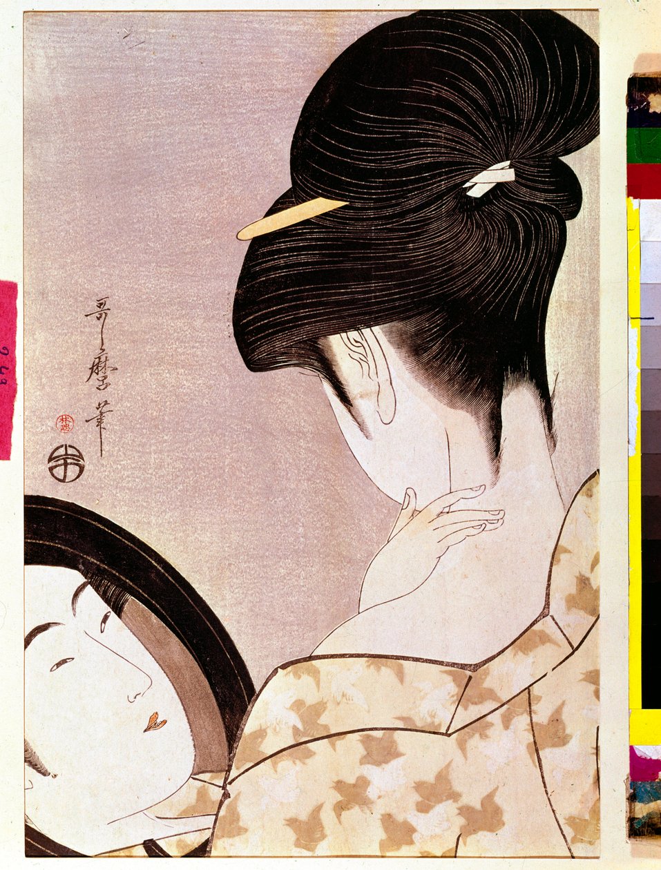 En kvinne som driver nakken med skygge japansk trykk av Utamaro Kitagawa (1753-1806) - Søn 0,37x0,22 m - 1795-1796 - Paris, Musee Guimet, Musee national des Arts Asian av Kitagawa Utamaro