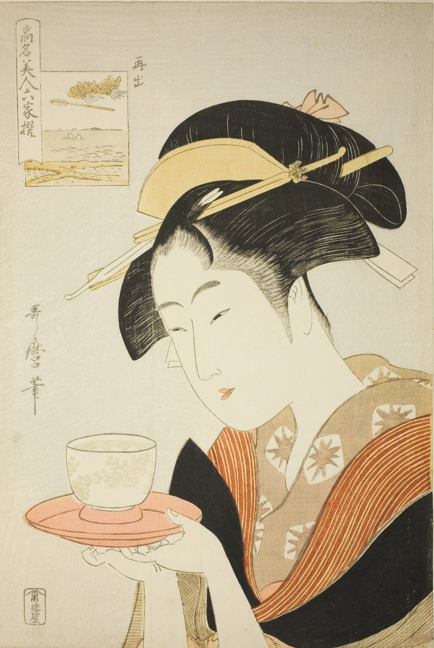 Dukker opp igjen: Naniwaya Okita, fra serien "Renowned Beauties Likened to the Six Immortal Poets" ("Komei bijin rokkasen") av Kitagawa Utamaro