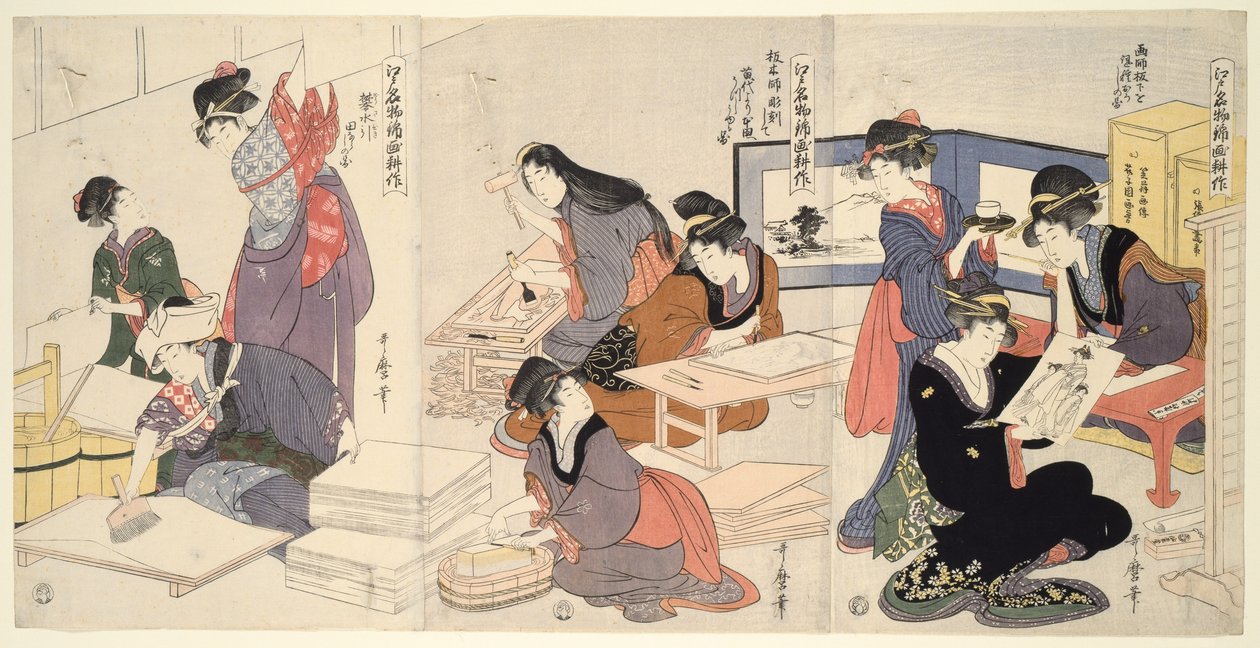 Artist, Block Carver, Applying Sizing (Eshi, hangashi, dosa-biki), fra serien The Cultivation of Brocade Prints, a Famous Product of Edo (Edo meibutsu nishiki-e kosaku) av Kitagawa Utamaro