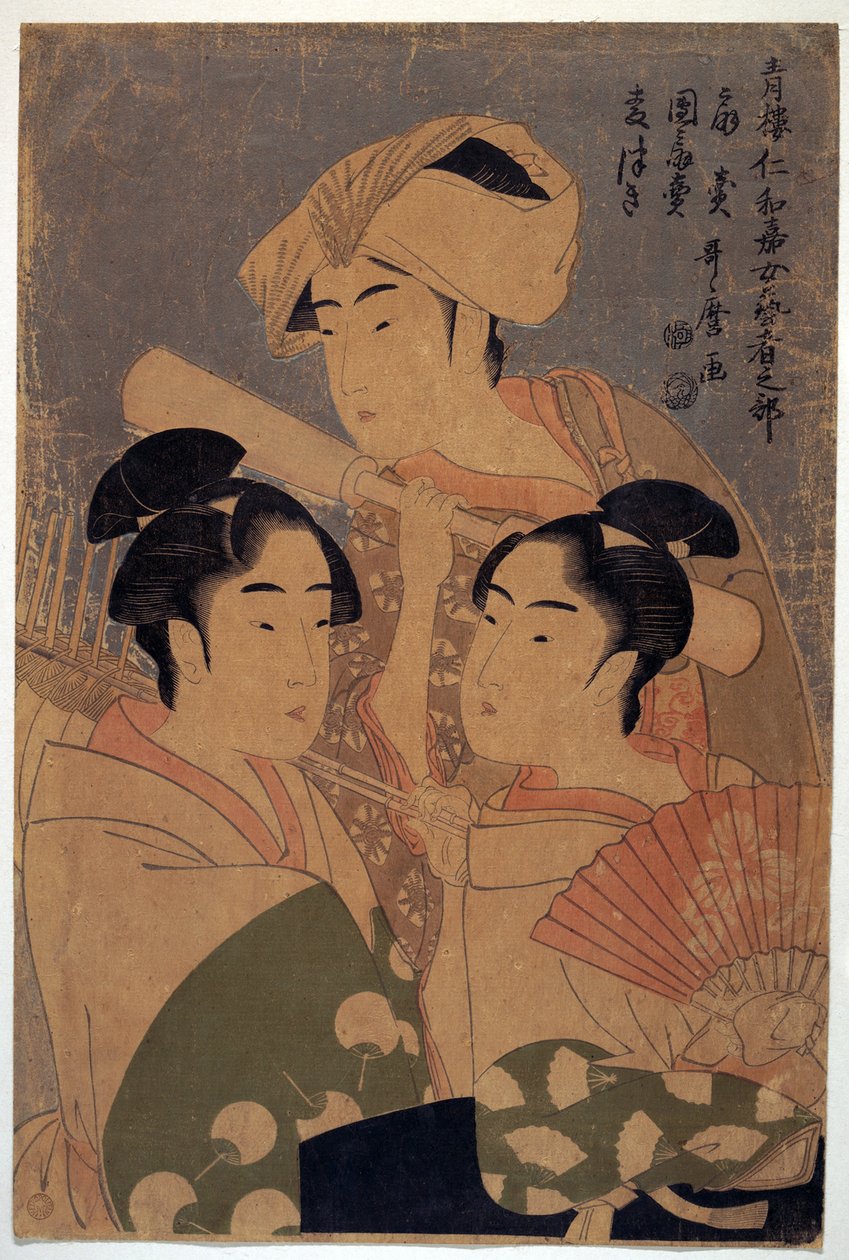 Artists of the Niwaka Festival - The Niwaka Performers av Utamaro, Kitagawa (1753-1806), ca. 1795 - Fargetresnitt, 38,6x25,7 - Privat samling av Kitagawa Utamaro