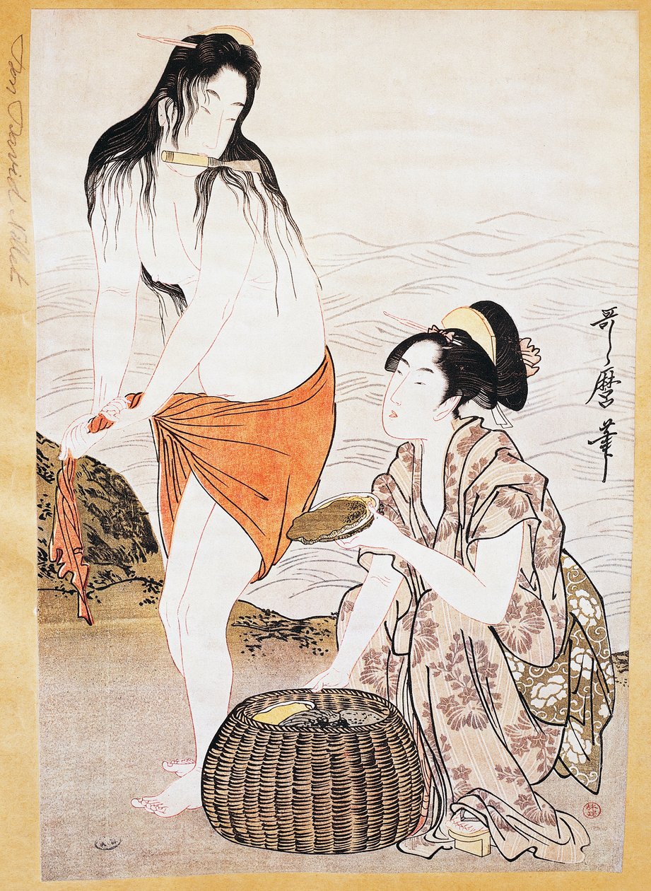 Awabi (bløtdyr) fiskere i vann, ukiyo-e kunsttrykk av Kitagawa Utamaro (1753-1806), tresnitt, japansk sivilisasjon, Edo-perioden av Kitagawa Utamaro
