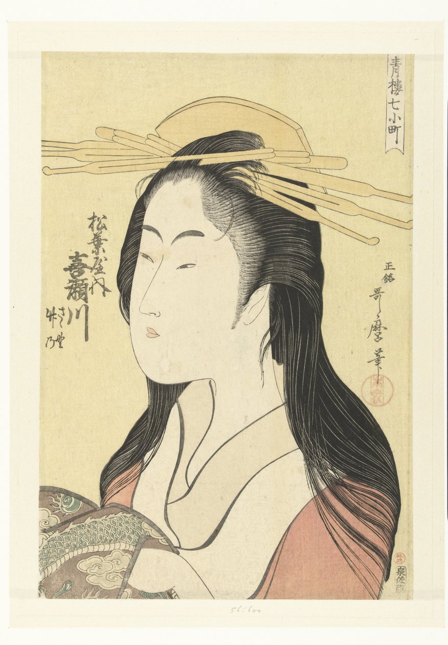 Bysteportrett av kurtisanen Kisegawa fra Matsubaya-huset. Matsubaya uchi Kisegawa (tittel på objekt) De syv Komachi fra lysthusene (serietittel) Seiro nana Komachi (serietittel på objekt) av Kitagawa Utamaro