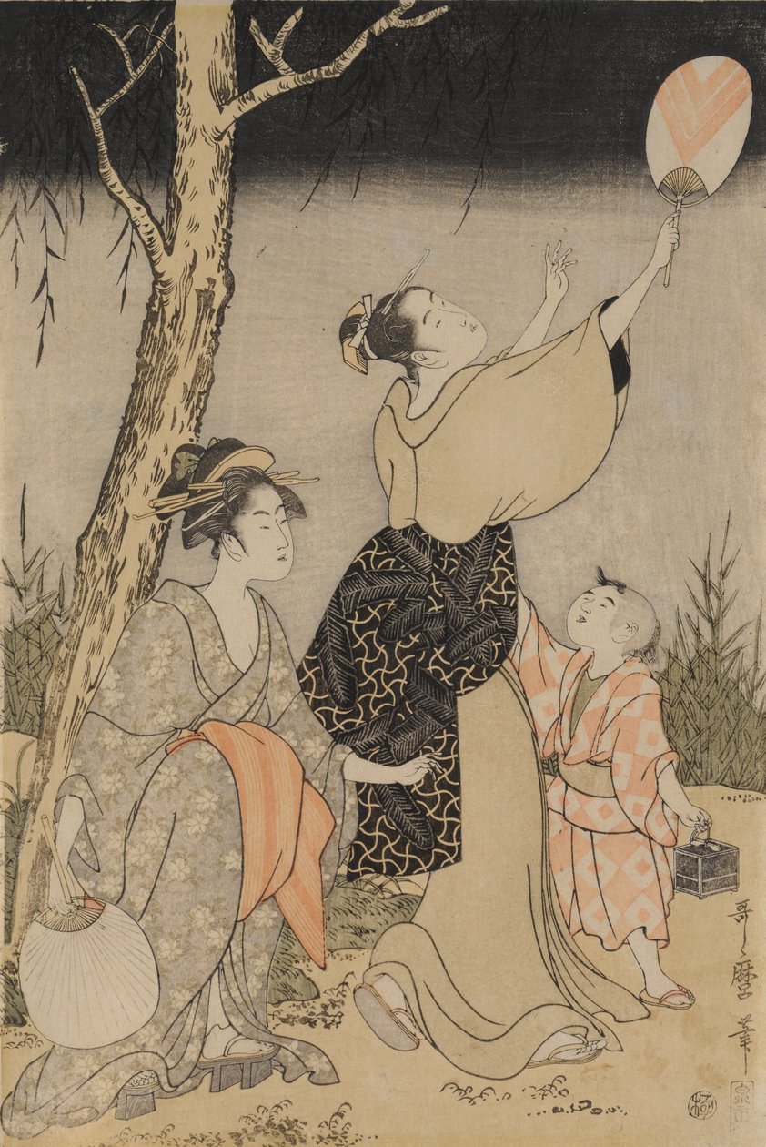 Å fange ildfluer under et piletre (til venstre) av Kitagawa Utamaro