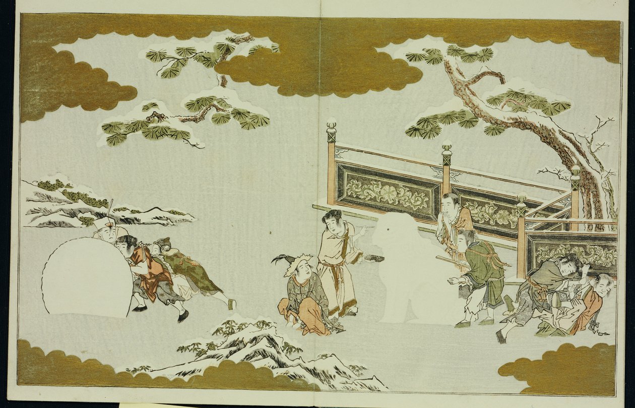 Barn som lager snøshishi og ruller en snøball, fra "The Silver World" av Kitagawa Utamaro