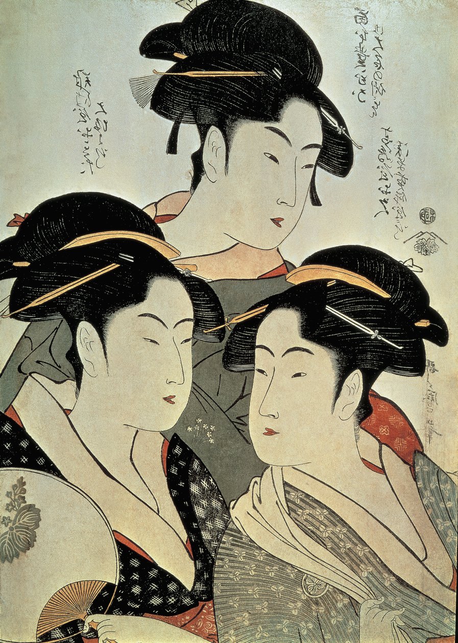 Nærbilde av et maleri av tre kvinner, Kitagawa Utamaro, Kansei-tiden, Japan av Kitagawa Utamaro