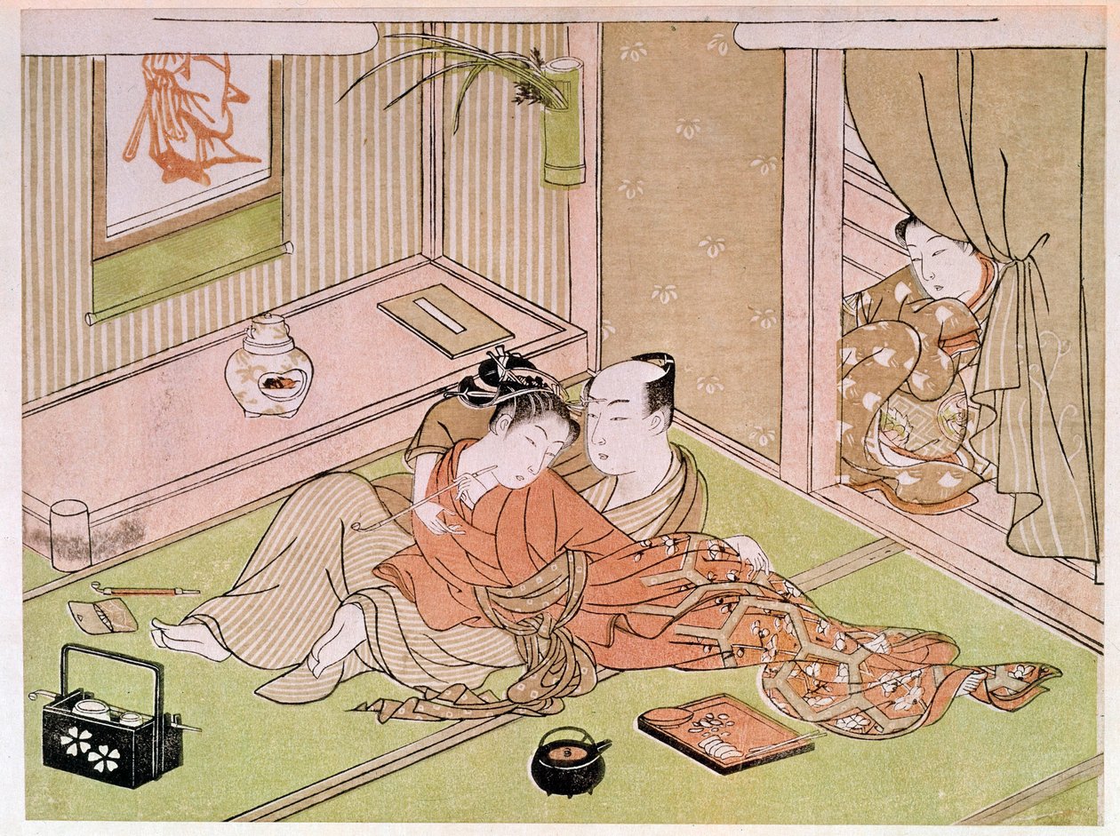 Par som kjærtegner under blikket til det japanske trykket av tjeneren Utamaro Kitagawa (1753-1806). 18. århundre. Paris, Guimet-museet, Nasjonalmuseet for asiatisk kunst av Kitagawa Utamaro