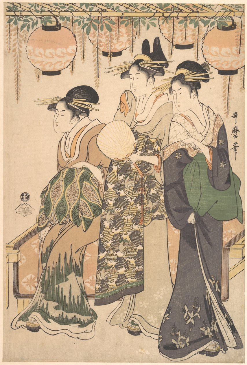 Kurtisaner under en blåregnspergola av Kitagawa Utamaro