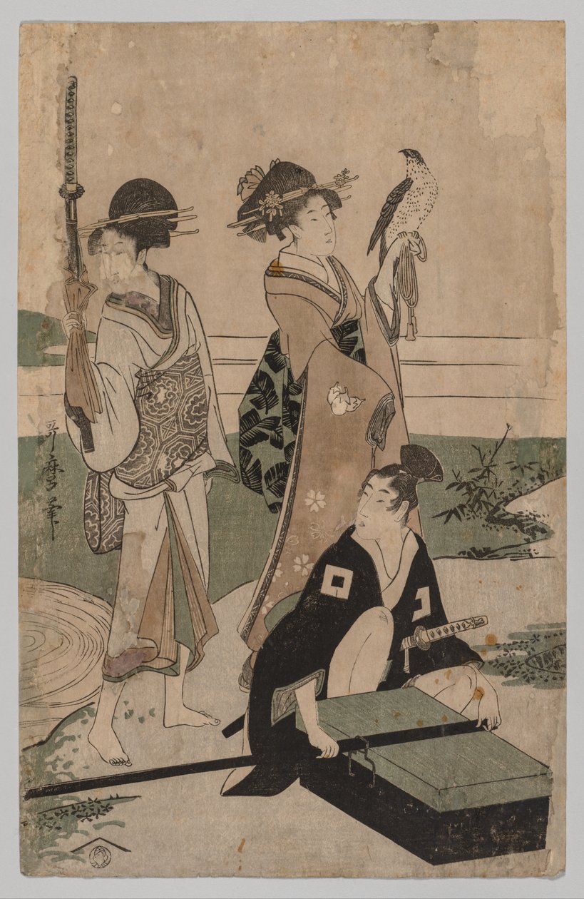 Daimio og hans følge krysser en bekk i sletten nær Fuji, 1753-1806. av Kitagawa Utamaro