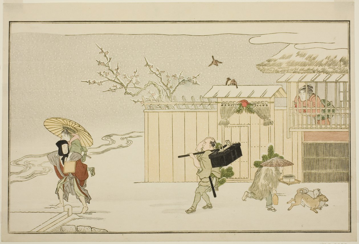 Leverer nyttårsgaver i snøen, fra den illustrerte kyoka-antologien "The Young God Ebisu (Waka Ebisu)" av Kitagawa Utamaro