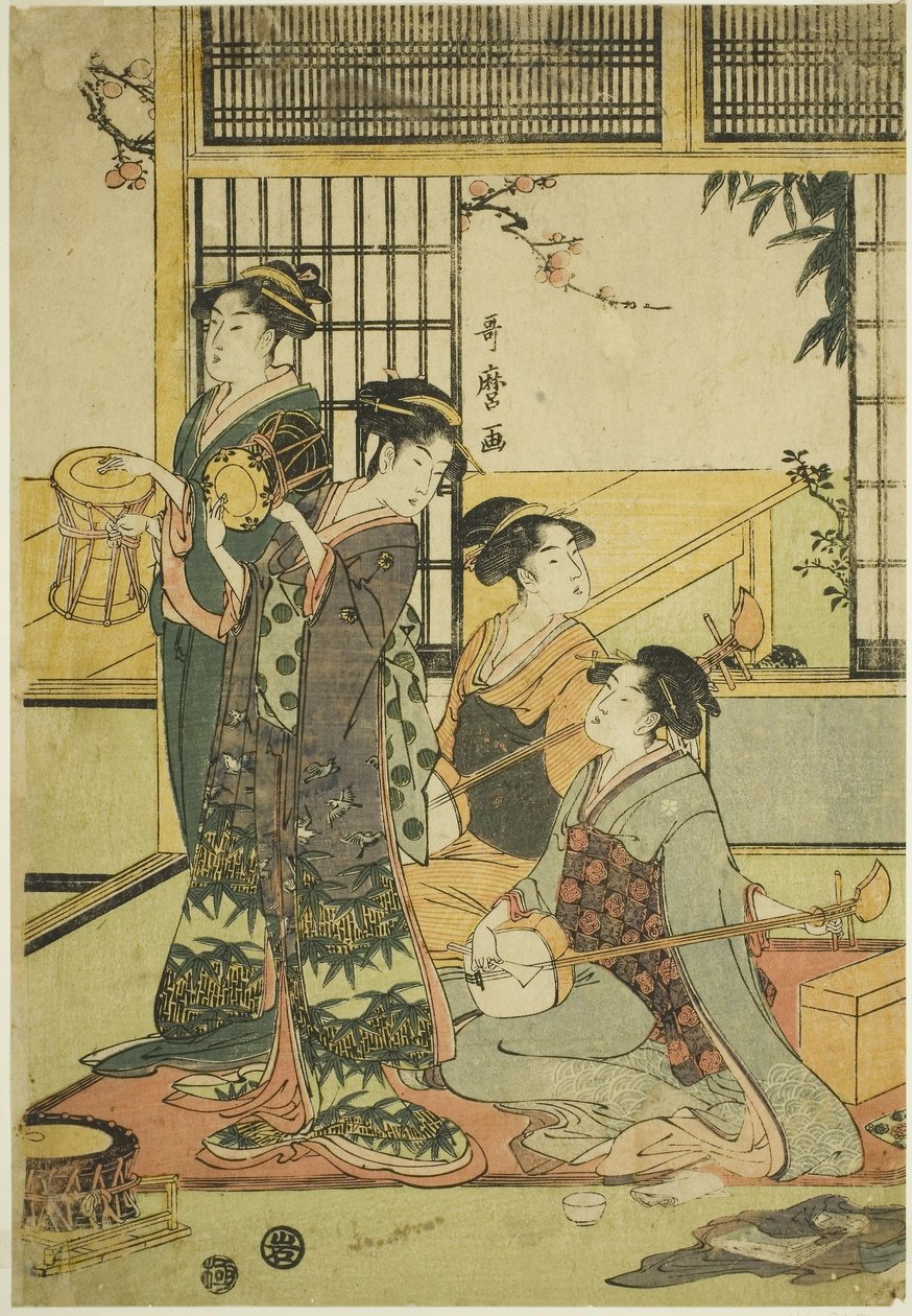 Trommer og Shamisen (farget treblokktrykk; aiban) av Kitagawa Utamaro