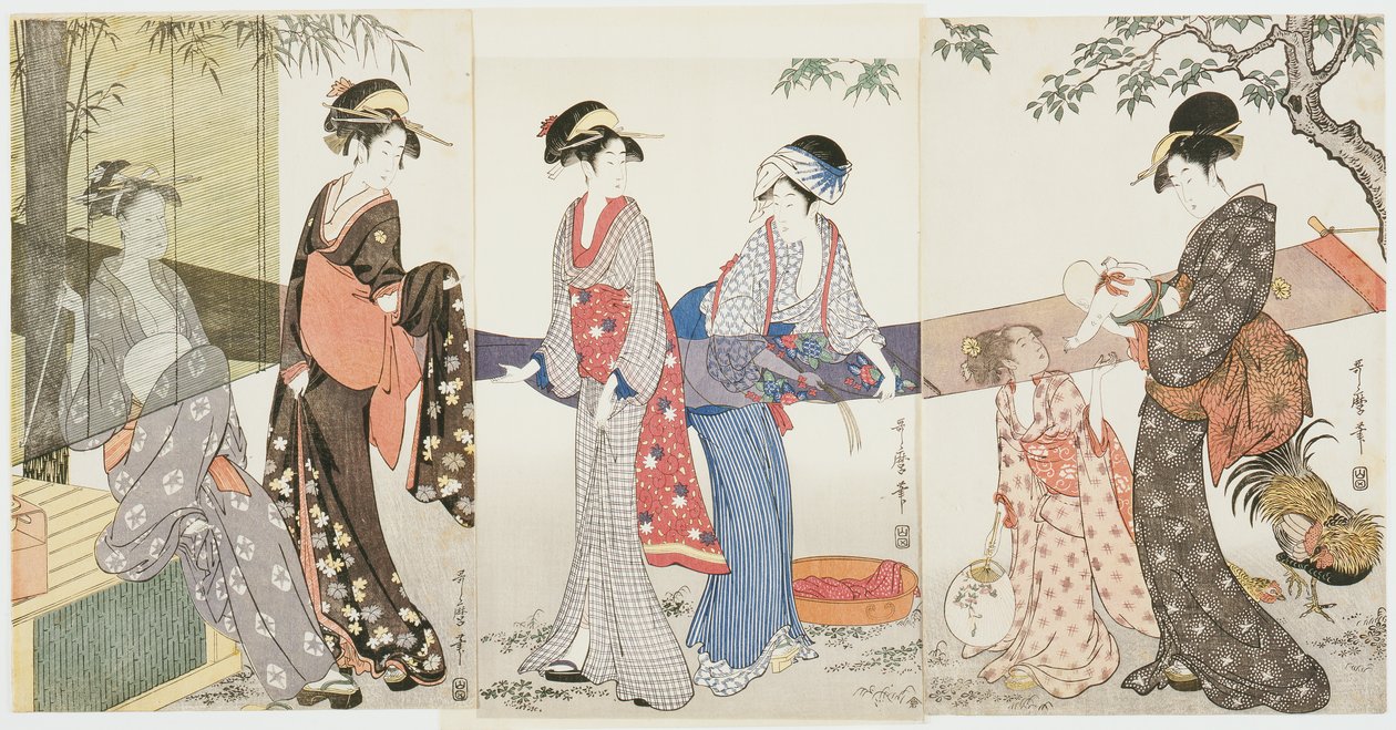 Tørking og oppspenning av tøy av Kitagawa Utamaro