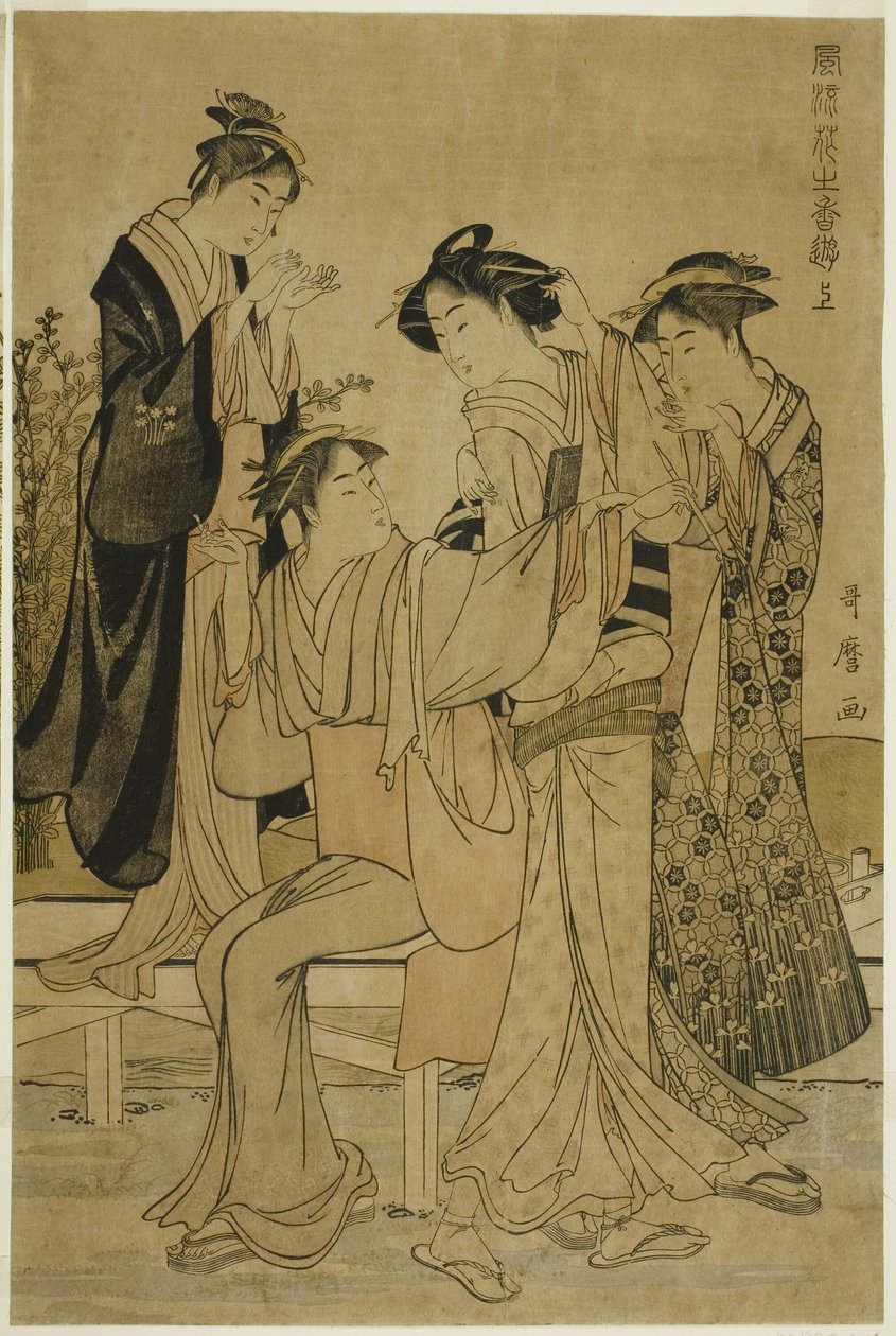 Elegant Pleasures: The Scent of Flowers, til høyre (Furyu hana no ka asobi, jo) av Kitagawa Utamaro