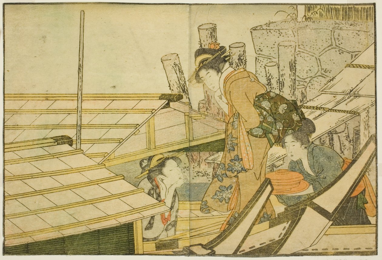 Legger ut på fritidsbåter om sommeren, fra den illustrerte boken "Picture Book: Flowers of the Four Seasons (Ehon shiki no hana)," vol. 1 av Kitagawa Utamaro