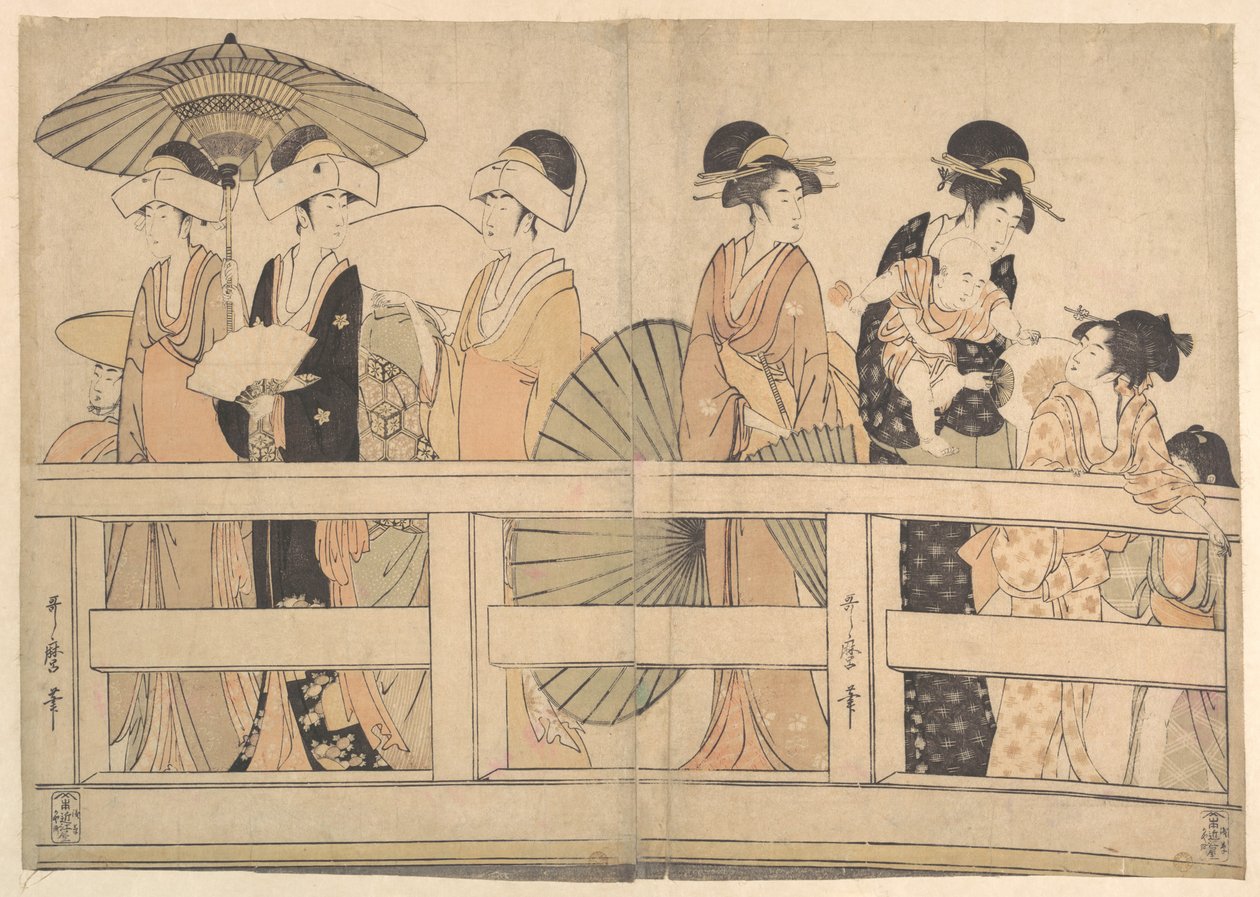 Nyter den kjølige kveldsbrisen på og under broen av Kitagawa Utamaro