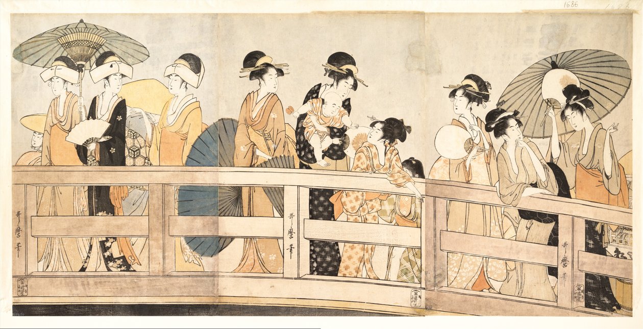 Nyter den kjølige kveldsbrisen på og under broen av Kitagawa Utamaro