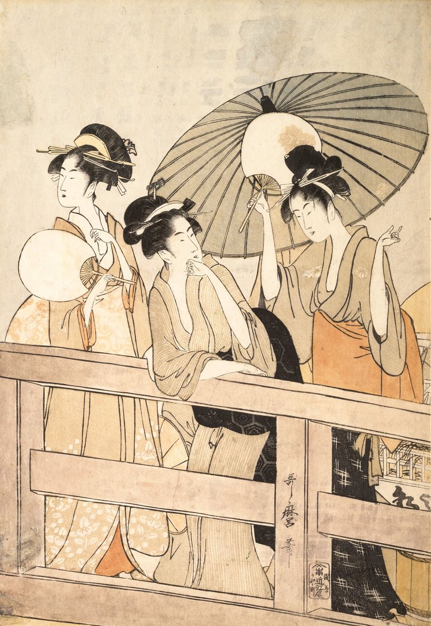 Nyter den kjølige kveldsbrisen på og under broen, ca. 1800. av Kitagawa Utamaro