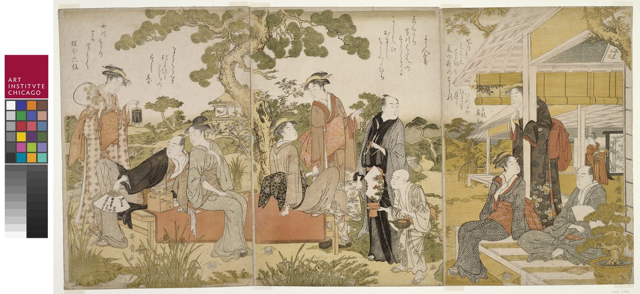 Enjoying the Cool in a Garden, Oban triptych, ca. 1788-90 av Kitagawa Utamaro