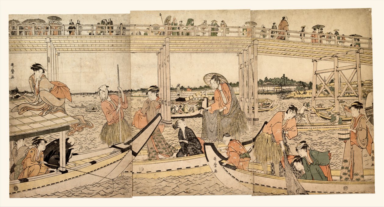 Fiskebåter med garn under Ryōgoku-broen av Kitagawa Utamaro