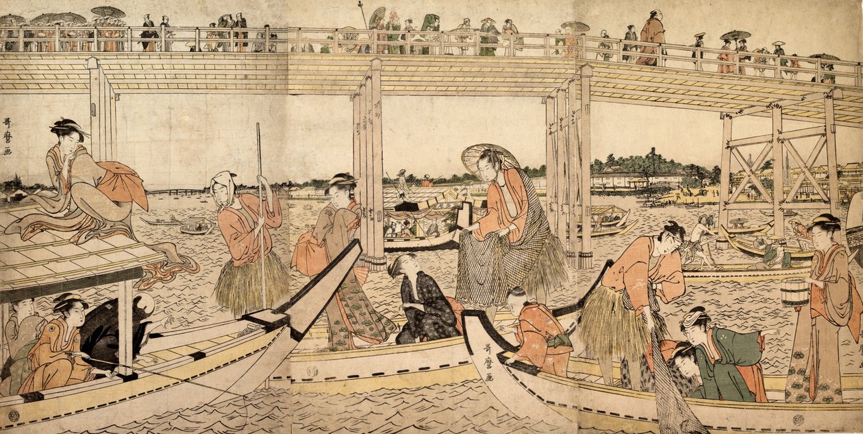 Fiskebåter med garn under Ryogoku-broen, 1790-tallet. av Kitagawa Utamaro