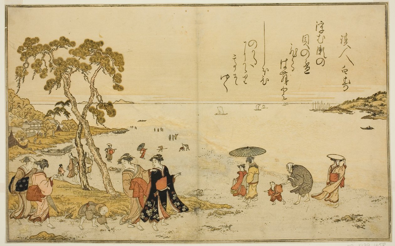 Samler skjell ved lavvann, fra den illustrerte boken "Gaver fra Ebb Tide (Shiohi no tsuto)" av Kitagawa Utamaro