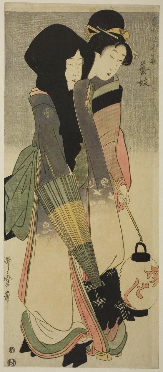 Geisha (Geigi), fra serien Three Amusements of Contemporary Beauties, ca. 1800 (farget treblokktrykk; naga-oban) av Kitagawa Utamaro