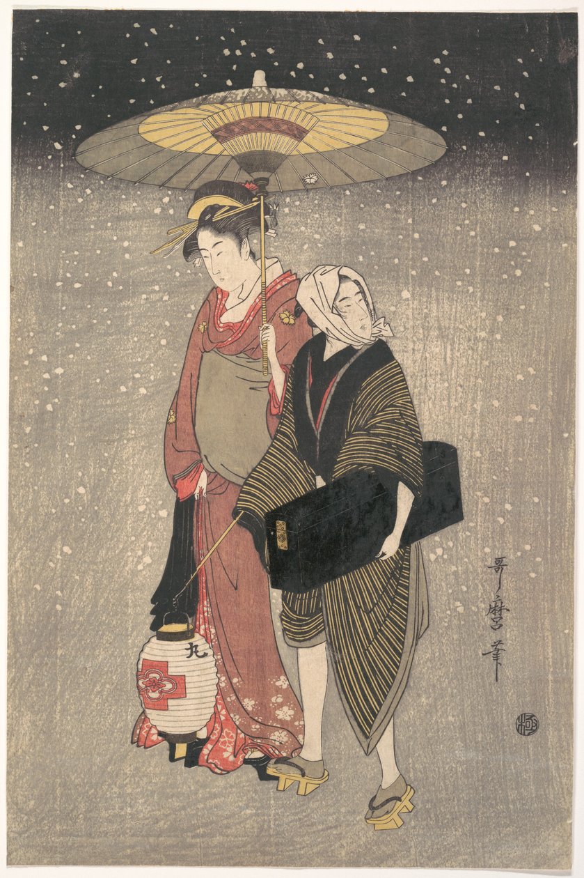 Geisha som går gjennom snøen om natten av Kitagawa Utamaro