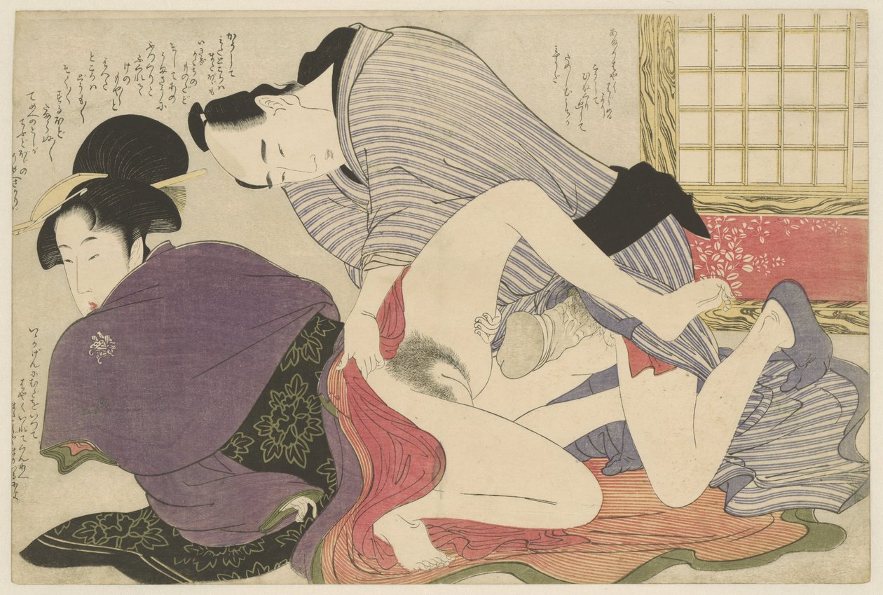 Geisha og elsker ved frittstående foldeskjerm Negai no itoguchi (serietittel) av Kitagawa Utamaro