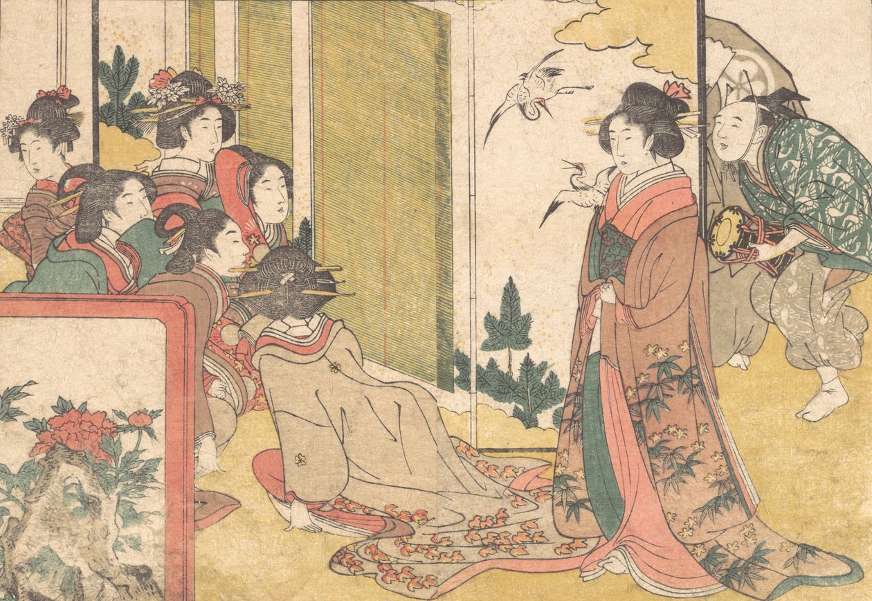 Girls Entertained by Performers, fra den illustrerte boken Flowers of the Four Seasons, 1801. av Kitagawa Utamaro
