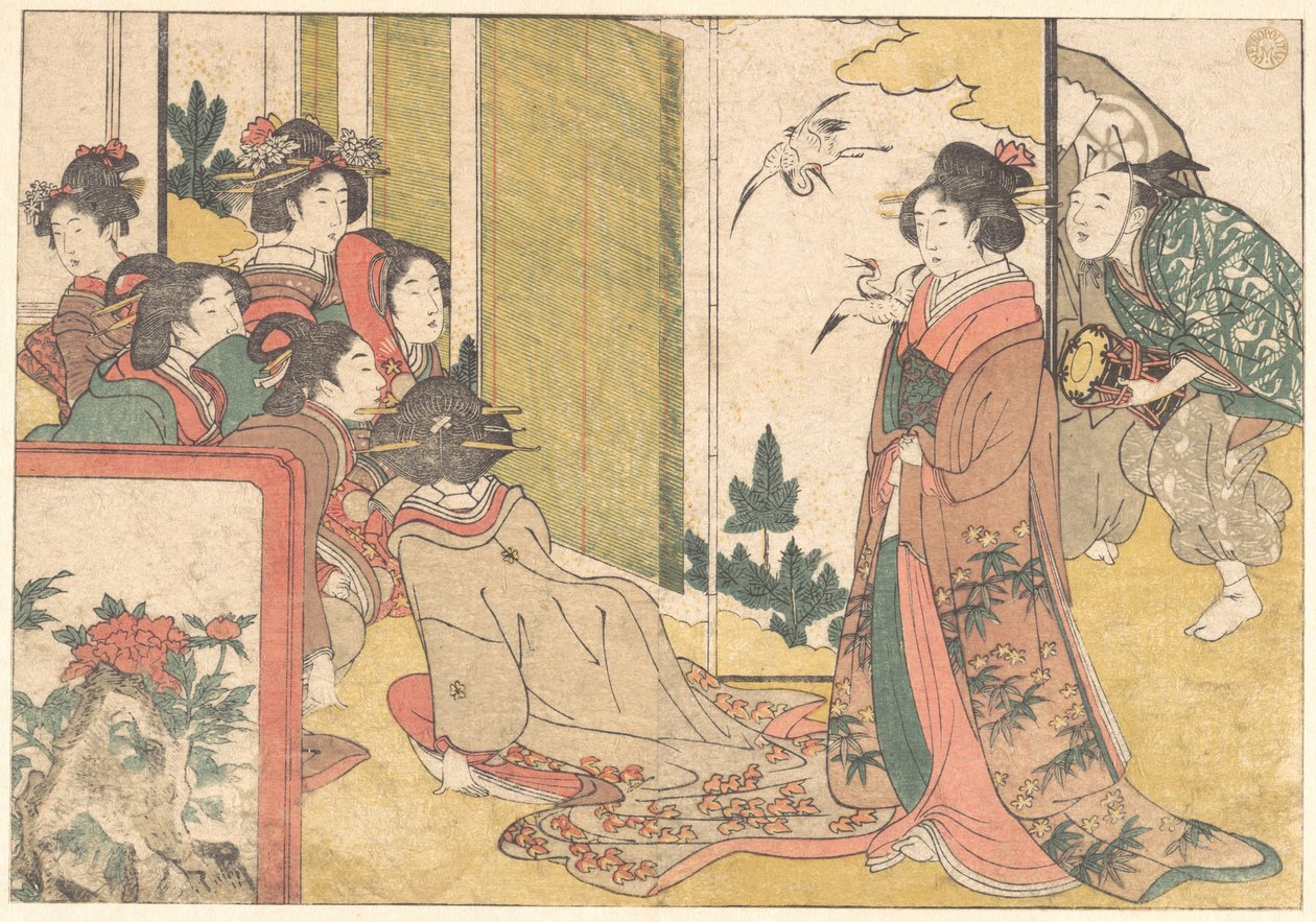 Jenter underholdt av artister, fra den illustrerte boken «Blomster i de fire årstidene» av Kitagawa Utamaro