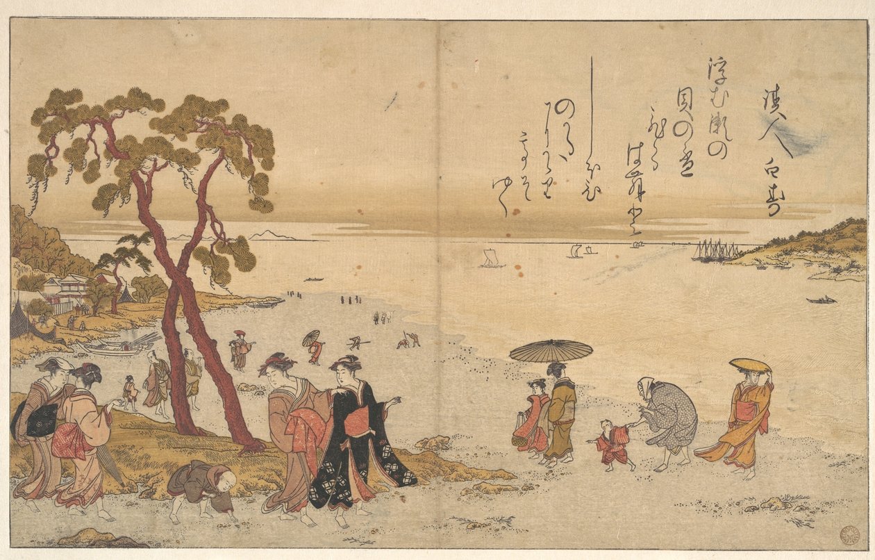 Jenter som samler skjell på stranden av Kitagawa Utamaro