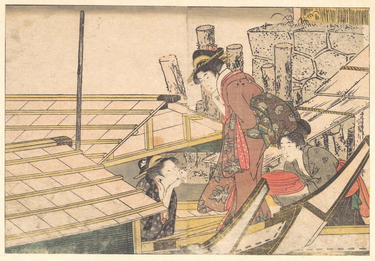 Jenter som går om bord i en båt, fra den illustrerte boken Årstidenes blomster av Kitagawa Utamaro