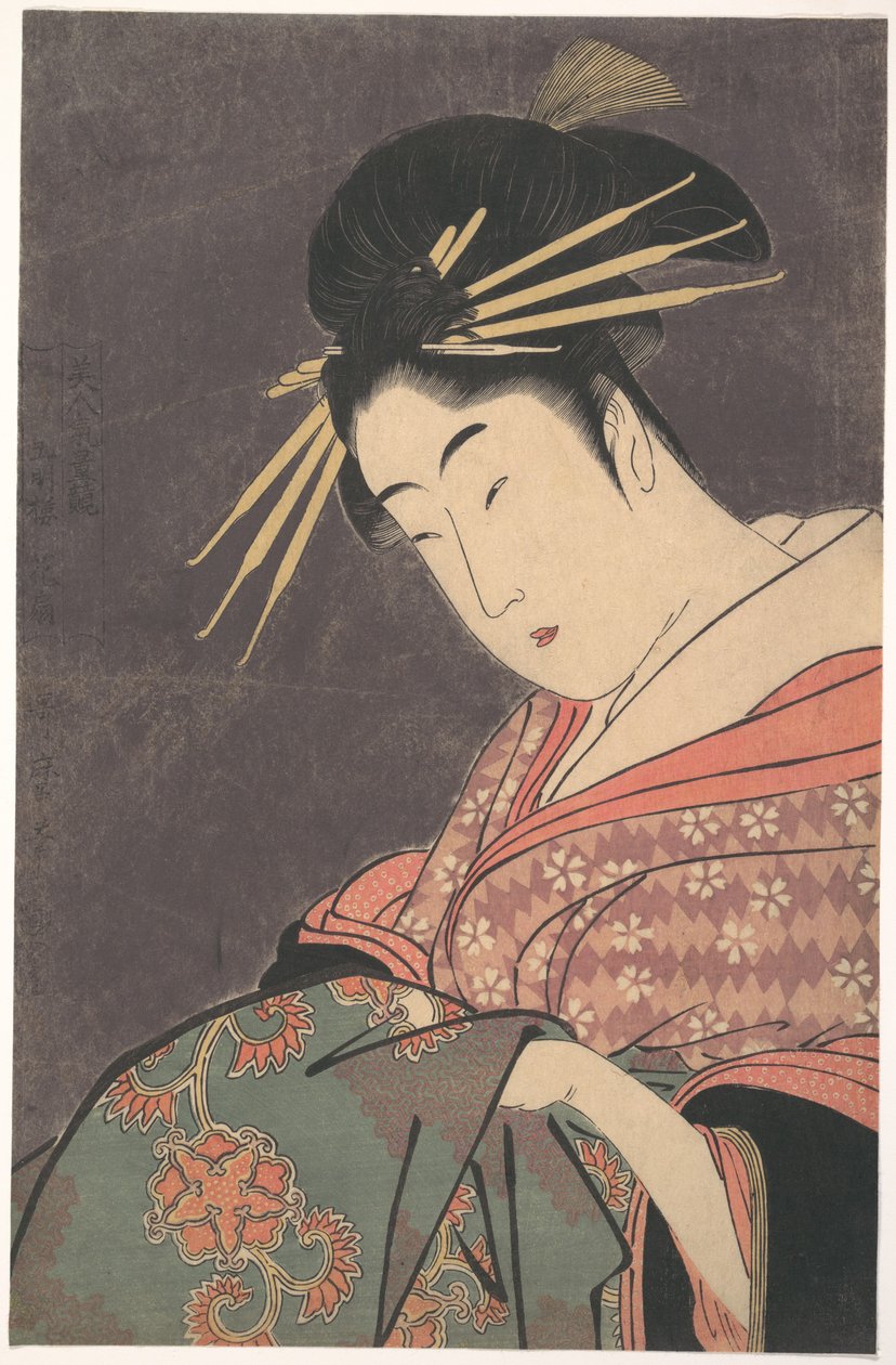 «Hanaōgi fra Gomeirō», fra serien Sammenligning av skjønnhetenes sjarm (Bijin kiryō kurabe: Gomeirō Hanaōgi) av Kitagawa Utamaro
