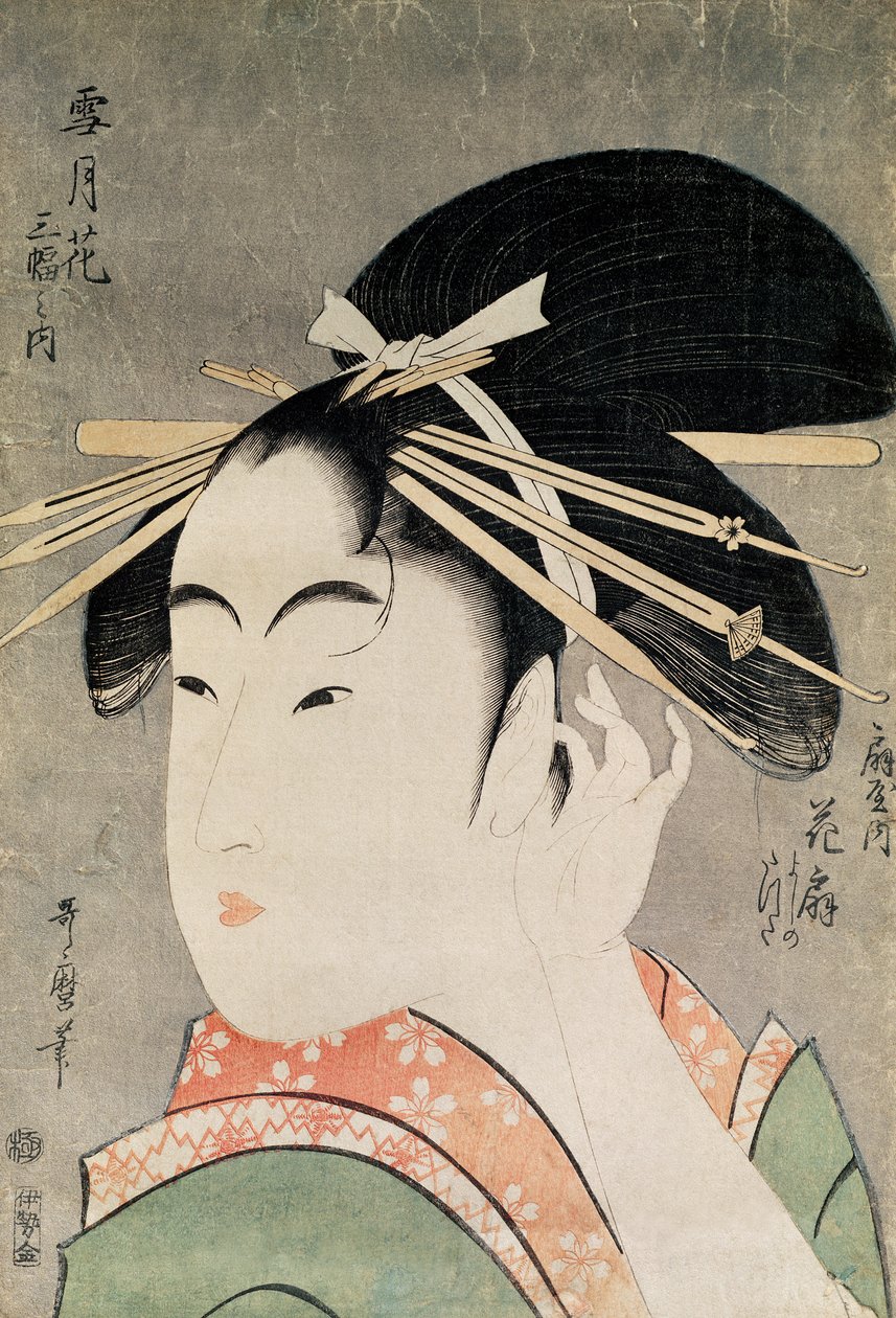 Head of a Woman (treblokktrykk i farger) av Kitagawa Utamaro