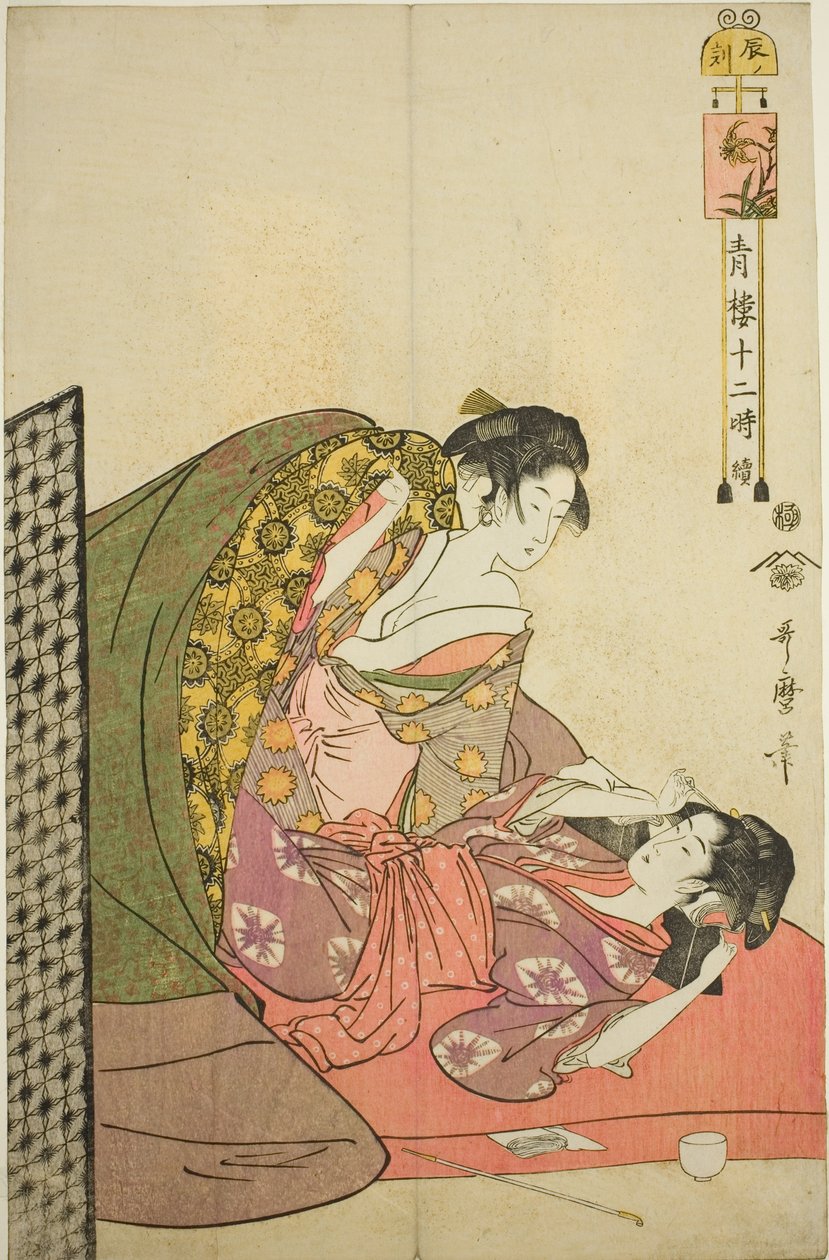 Hour of the Dragon (Tatsu no koku), from the series "Twelve Hours in Yoshiwara (Seiro juni toki tsuzuki)"   1299389   no       norwegian Successfully Translated  Original: Calligraphy (verso) Translat: Calligraphy (verso) 1311938 no norwegian Successfully  av Kitagawa Utamaro