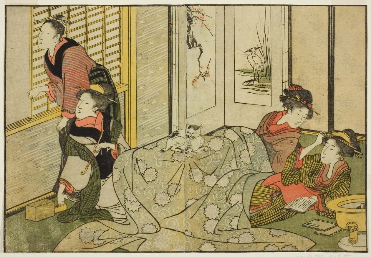 Interiørscene på en snørik dag, fra den illustrerte boken "Picture Book: Flowers of the Four Seasons (Ehon shiki no hana)," vol. 2 av Kitagawa Utamaro
