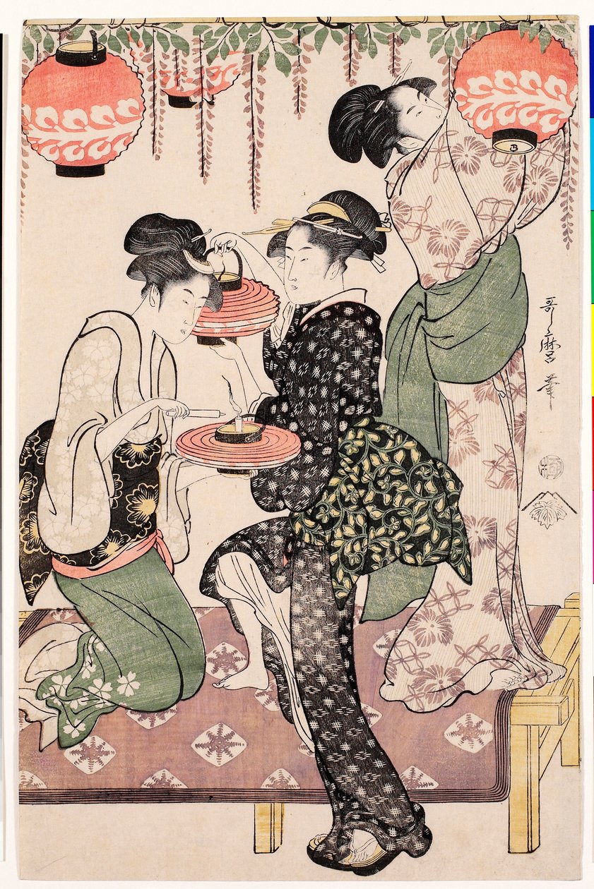 Unge jenter fra et japansk tehus som henger lykter fra en blåregn - Trykk av Kitagawa Utamaro (1753-1806), ca. 1795, linosnitt - Teahouse-jenter under en blåregn-espalier - Farge linosnitt av Kitagawa Utamaro (1753-1806) , ca1 av Kitagawa Utamaro
