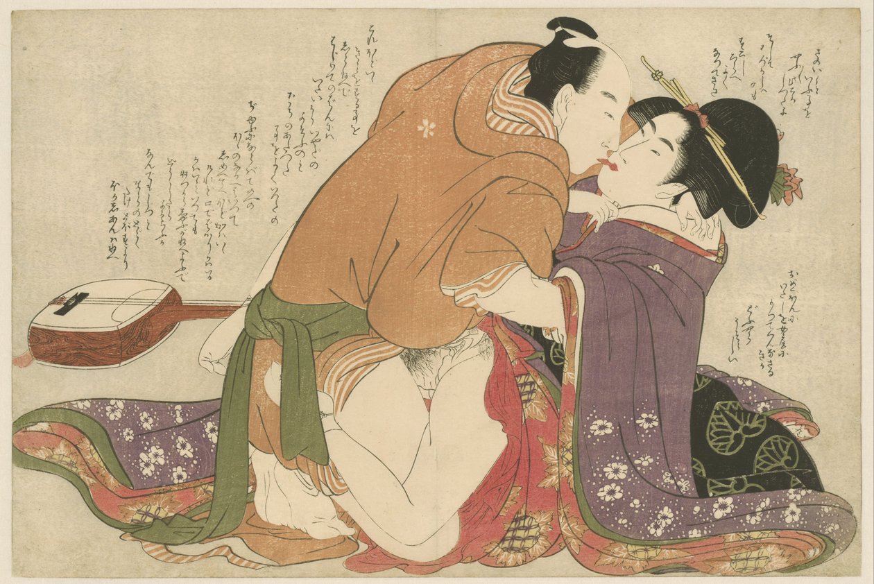 Ung statsborgerdatter med elsker på en shamisen Negai no itoguchi (serietittel) av Kitagawa Utamaro