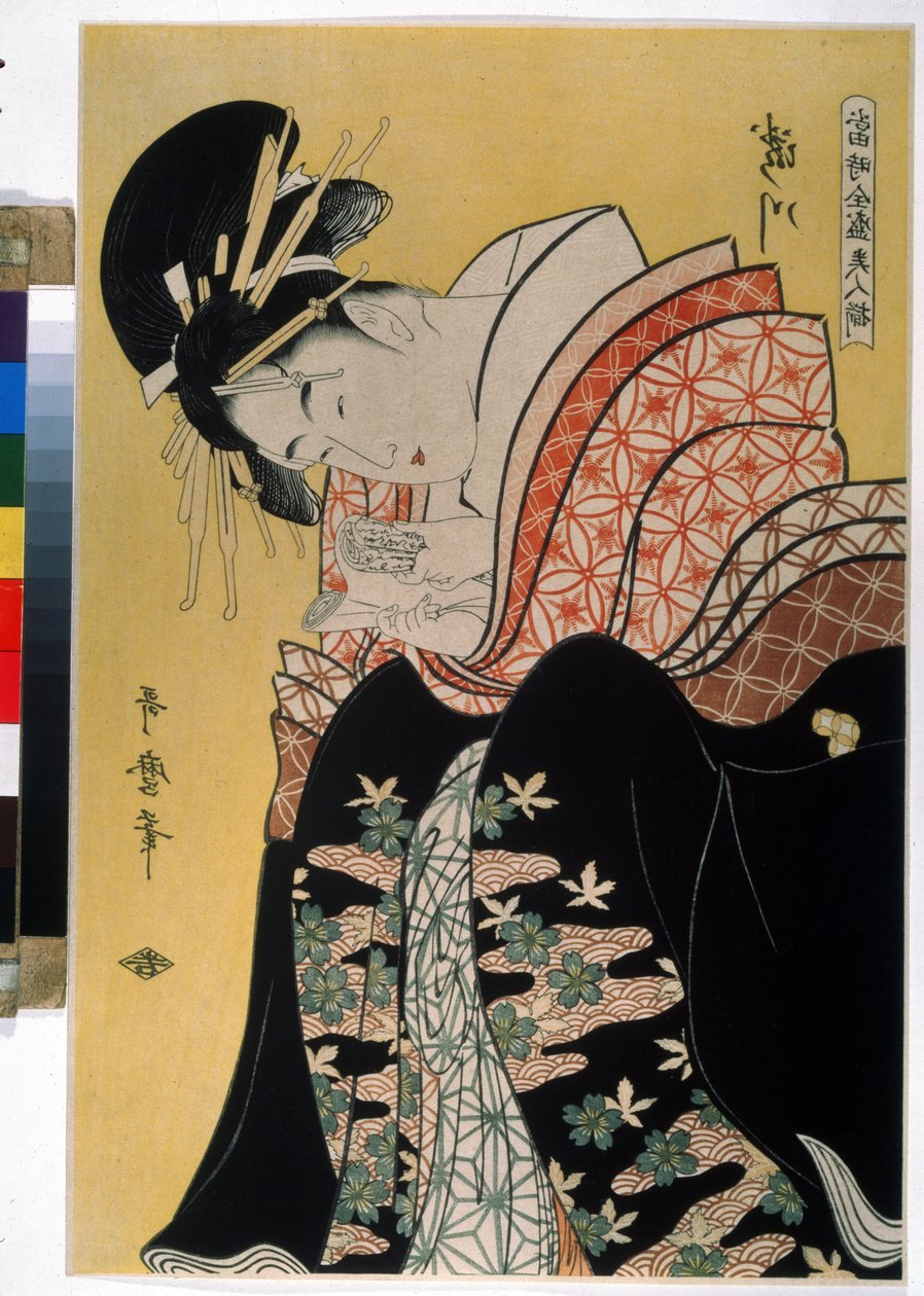 Den vakre Takigawa fra Ogi Tea House. I serien The Contemporary Beautiful Celebrities (den berømte skjønnheten i våre dager). Tegning av Kitagawa Utamaro (1754-1806). Sterkt vann av Kitagawa Utamaro
