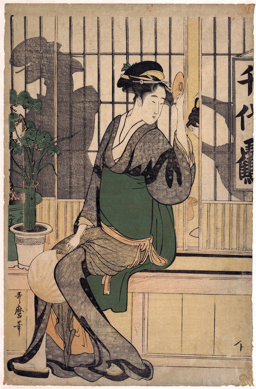 La maison de the Chiyozuru (skygger på shoji, papirvegg) - The Chiyozuru Teahouse (Shadows on the Shoji) av Utamaro, Kitagawa (1753-1806) av Kitagawa Utamaro