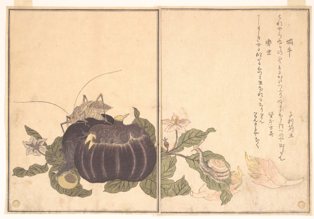 Landsnegl (Katatsumuri); kjempekatydide (Kutsuwamushi), fra bildeboken om krypende skapninger (Ehon mushi erami) av Kitagawa Utamaro