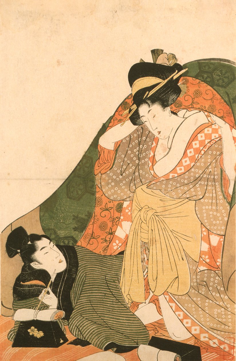 Elskende under en futon; åpningsbilde til en erotisk serie av Kitagawa Utamaro