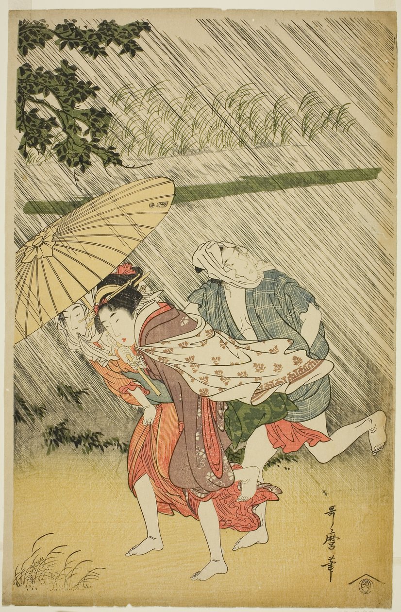 Lovers under an Umbrella, ca. 1797 (farget treblokktrykk; oban) av Kitagawa Utamaro