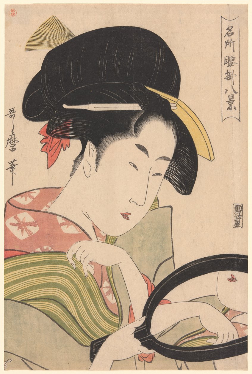 Mirror, fra serien "Eight Views of Tea-stalls in Celebrated Places" ("Meisho koshikake hakkei") av Kitagawa Utamaro