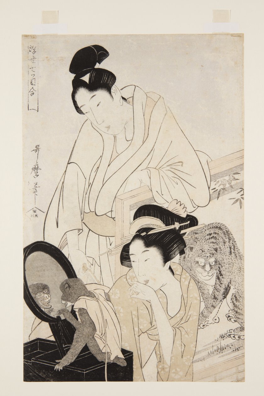 Monkey and Tiger (treblokktrykk i farger) av Kitagawa Utamaro