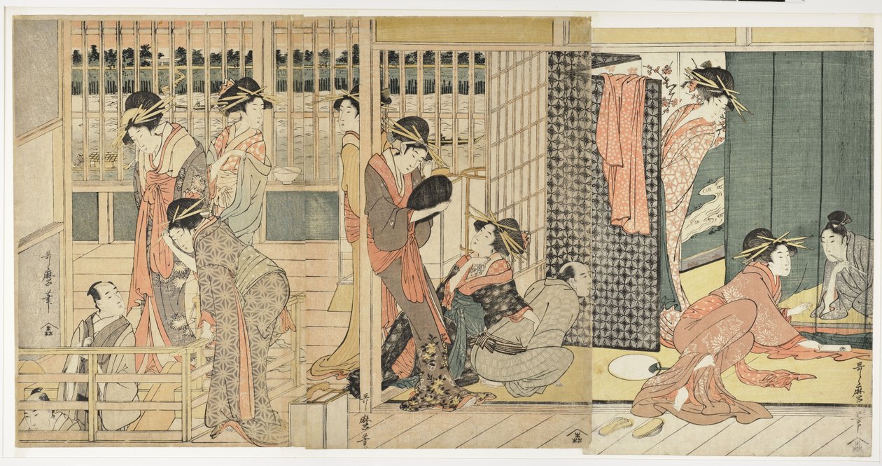 Morgenavskjed ved de midlertidige overnattingsstedene i Pleasure Quarter, 1801 av Kitagawa Utamaro